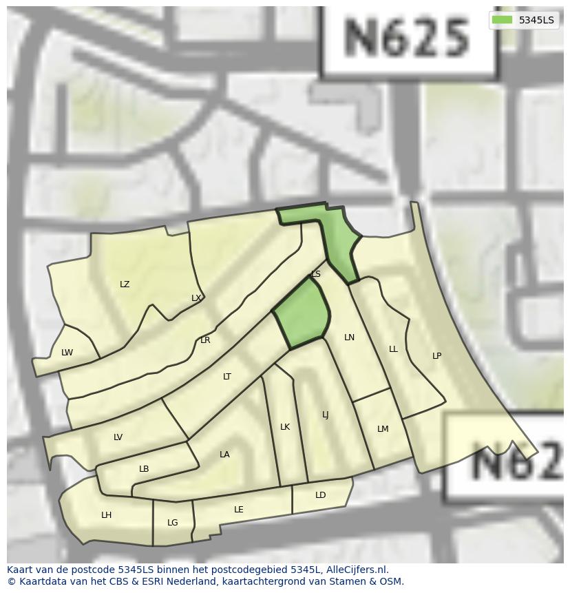 Afbeelding van het postcodegebied 5345 LS op de kaart.