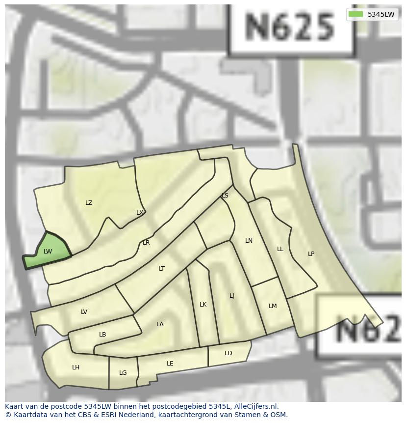 Afbeelding van het postcodegebied 5345 LW op de kaart.