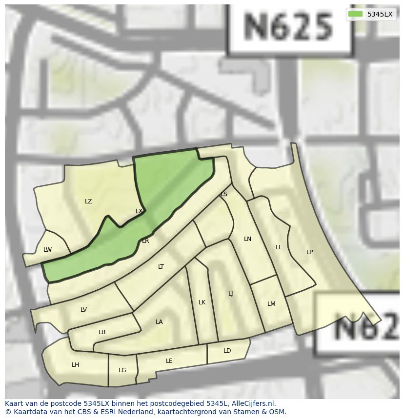 Afbeelding van het postcodegebied 5345 LX op de kaart.