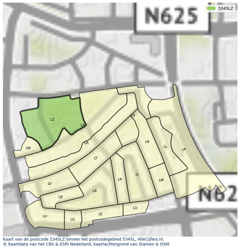 Afbeelding van het postcodegebied 5345 LZ op de kaart.