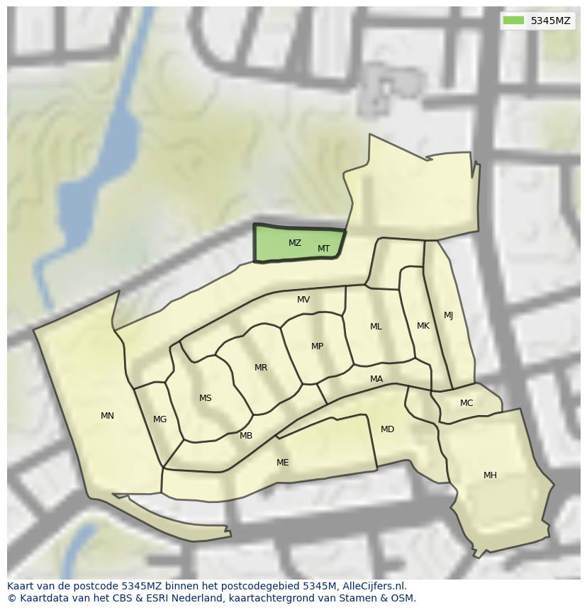 Afbeelding van het postcodegebied 5345 MZ op de kaart.