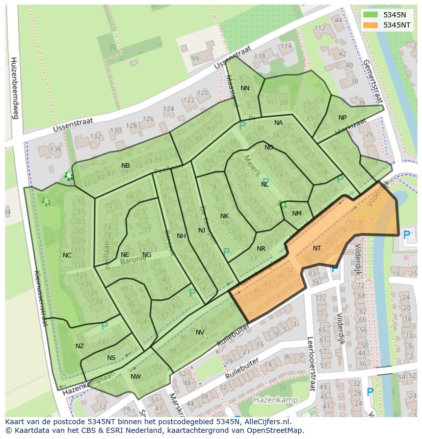Afbeelding van het postcodegebied 5345 NT op de kaart.