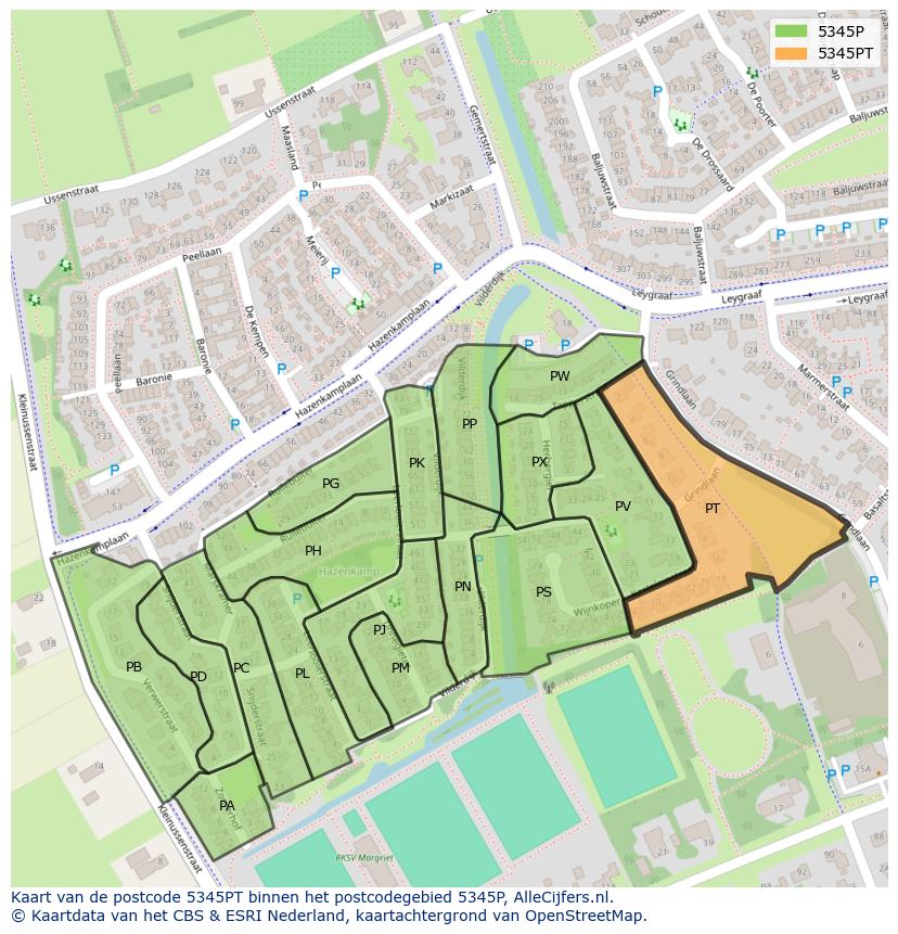 Afbeelding van het postcodegebied 5345 PT op de kaart.