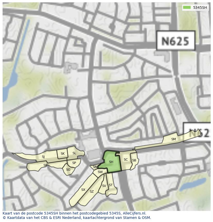 Afbeelding van het postcodegebied 5345 SH op de kaart.