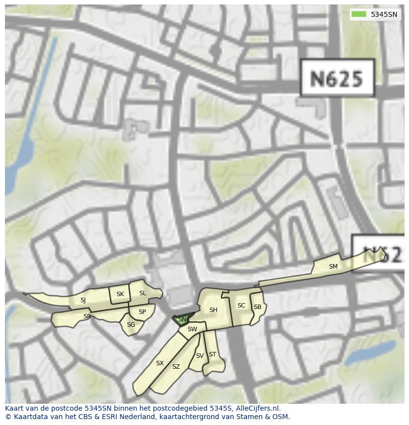 Afbeelding van het postcodegebied 5345 SN op de kaart.