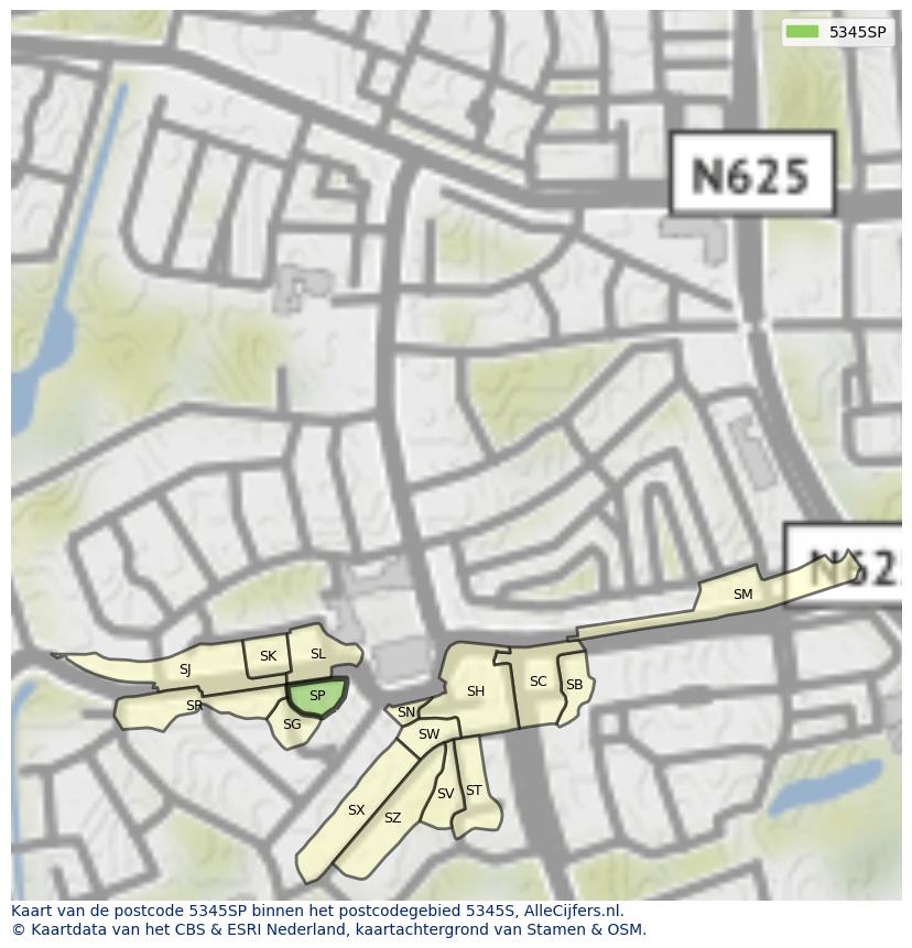 Afbeelding van het postcodegebied 5345 SP op de kaart.