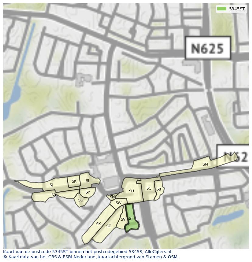 Afbeelding van het postcodegebied 5345 ST op de kaart.