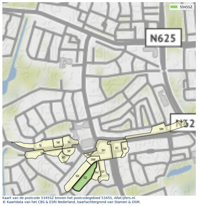 Afbeelding van het postcodegebied 5345 SZ op de kaart.