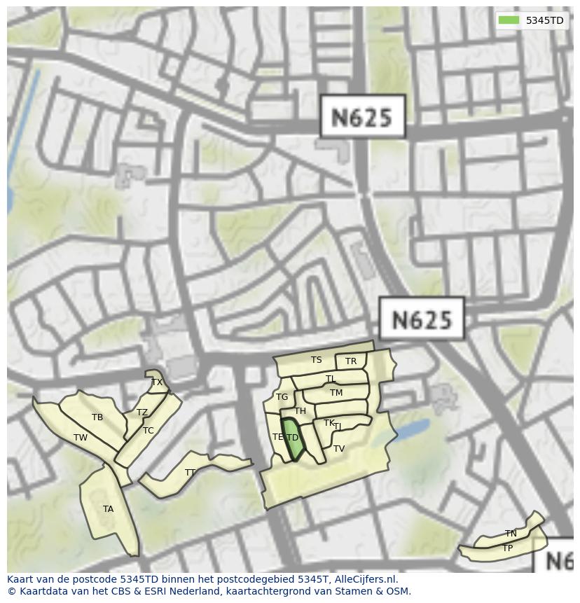 Afbeelding van het postcodegebied 5345 TD op de kaart.