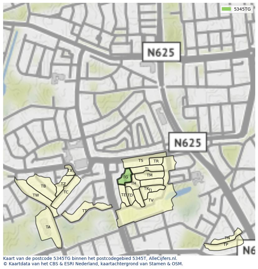 Afbeelding van het postcodegebied 5345 TG op de kaart.