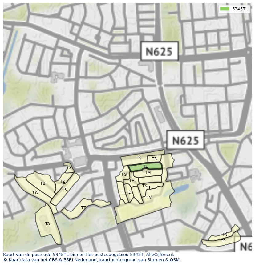 Afbeelding van het postcodegebied 5345 TL op de kaart.