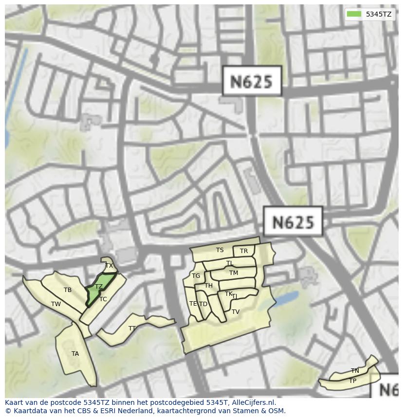 Afbeelding van het postcodegebied 5345 TZ op de kaart.