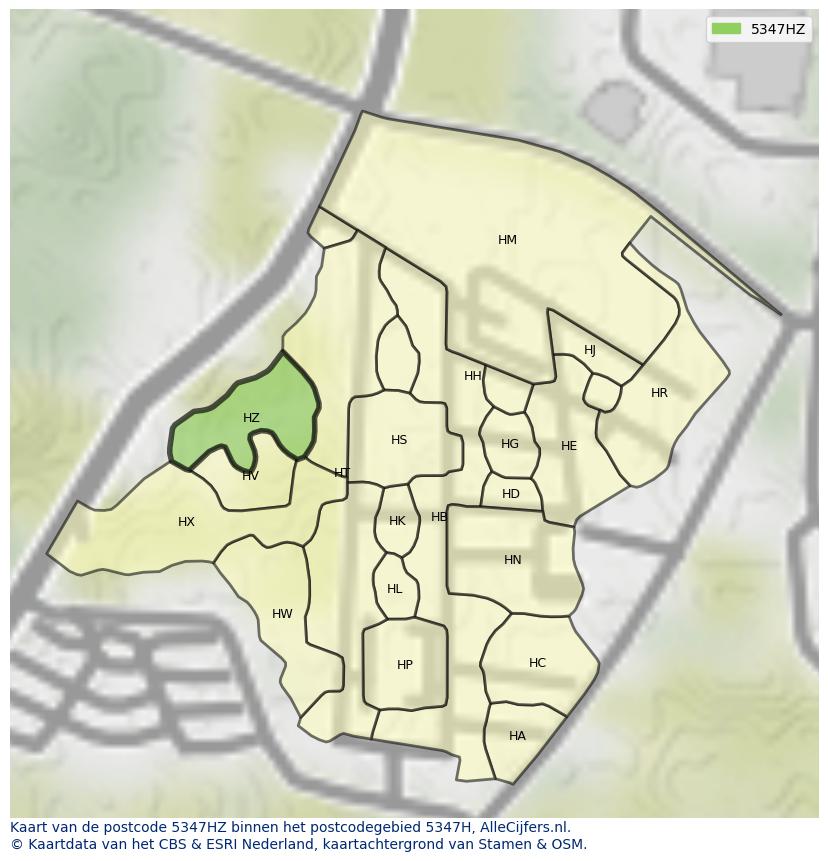 Afbeelding van het postcodegebied 5347 HZ op de kaart.