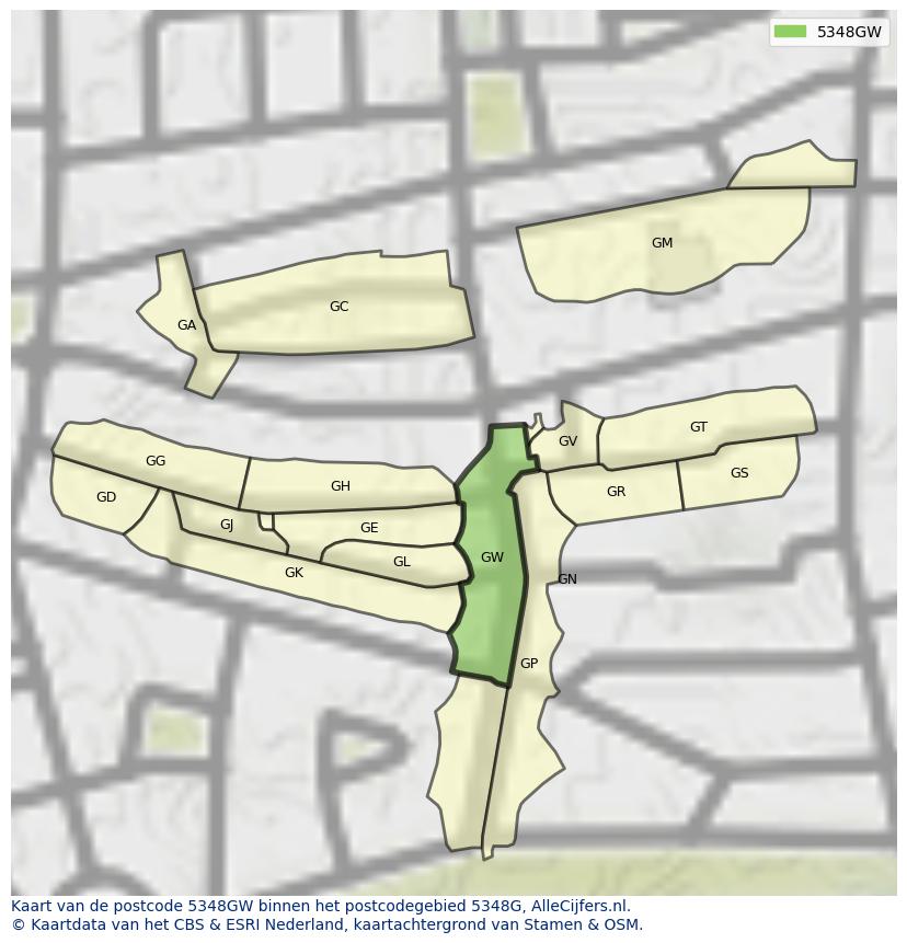 Afbeelding van het postcodegebied 5348 GW op de kaart.