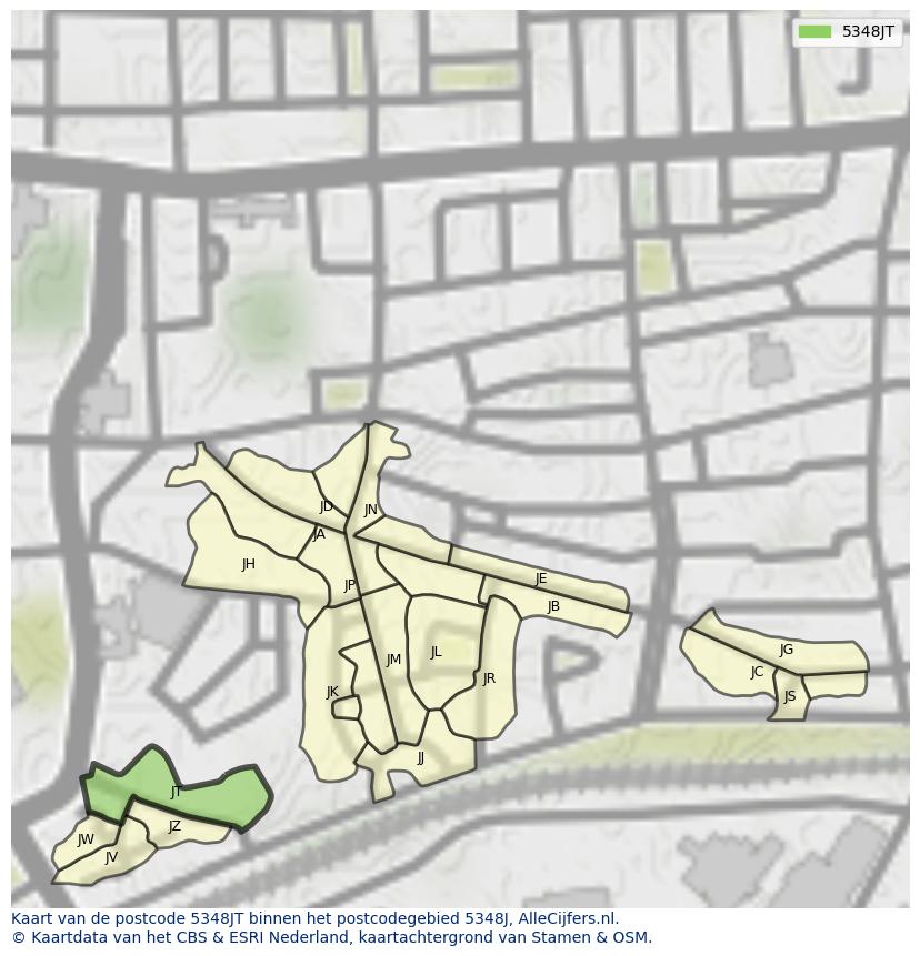 Afbeelding van het postcodegebied 5348 JT op de kaart.