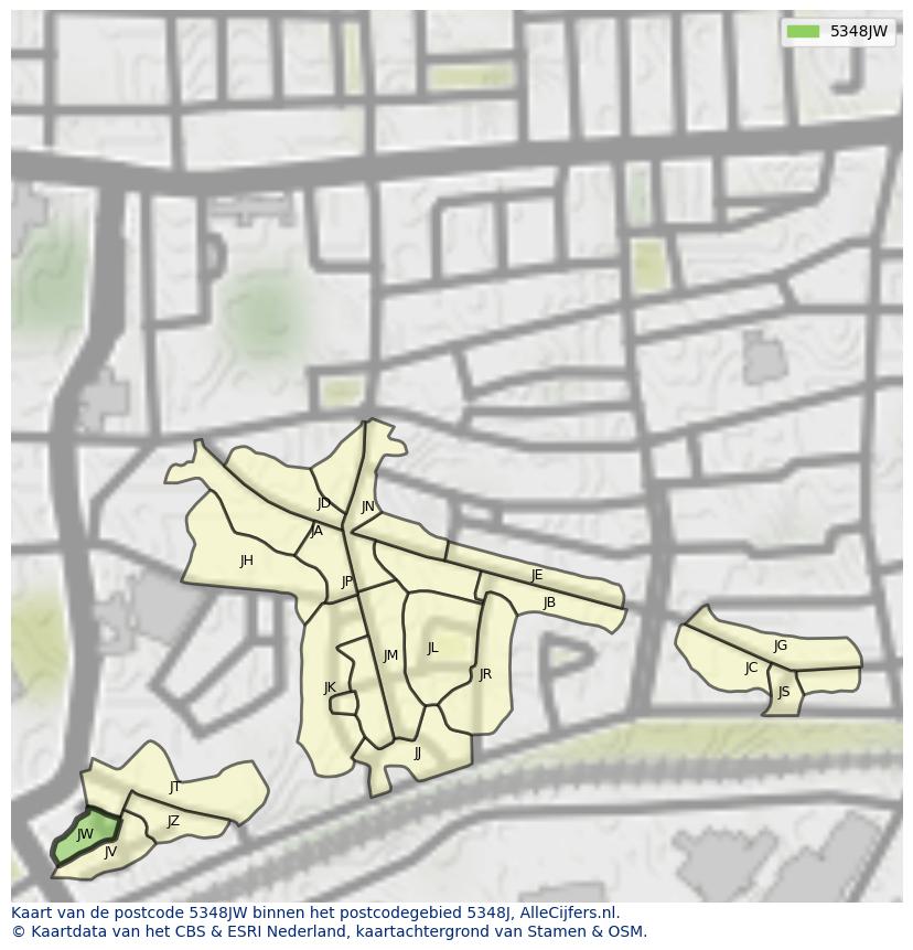 Afbeelding van het postcodegebied 5348 JW op de kaart.