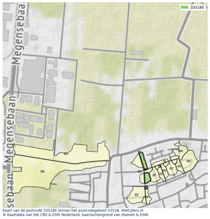 Afbeelding van het postcodegebied 5351 BE op de kaart.