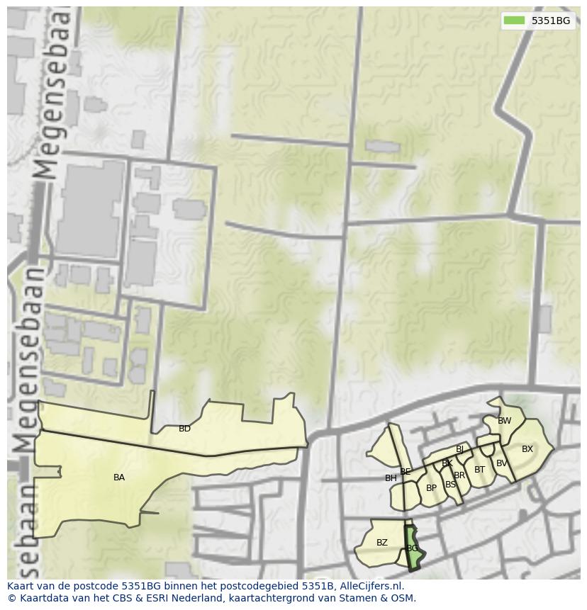 Afbeelding van het postcodegebied 5351 BG op de kaart.