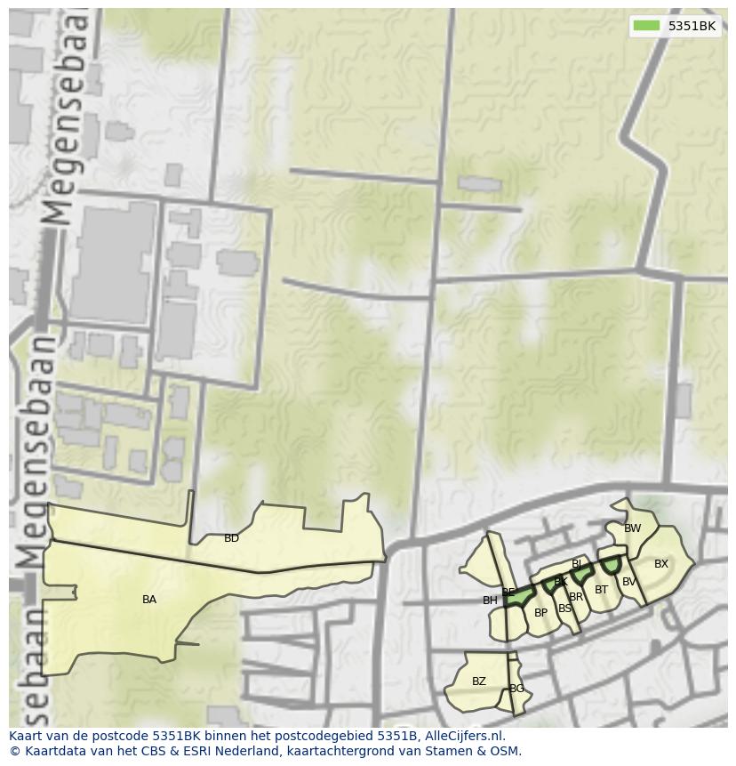 Afbeelding van het postcodegebied 5351 BK op de kaart.