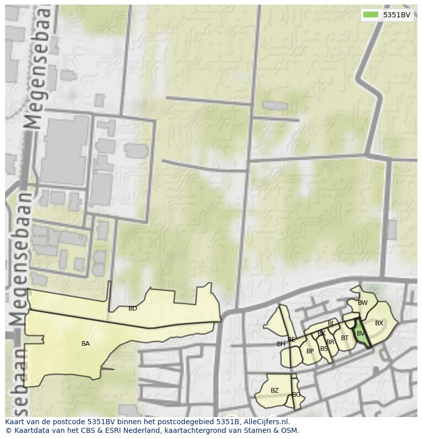 Afbeelding van het postcodegebied 5351 BV op de kaart.