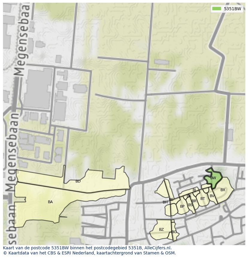Afbeelding van het postcodegebied 5351 BW op de kaart.