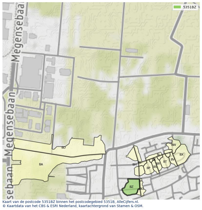 Afbeelding van het postcodegebied 5351 BZ op de kaart.