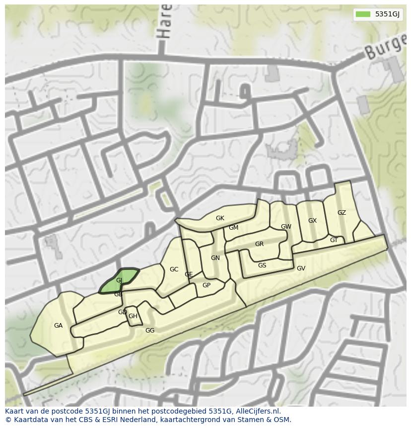 Afbeelding van het postcodegebied 5351 GJ op de kaart.