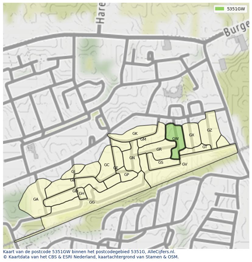 Afbeelding van het postcodegebied 5351 GW op de kaart.