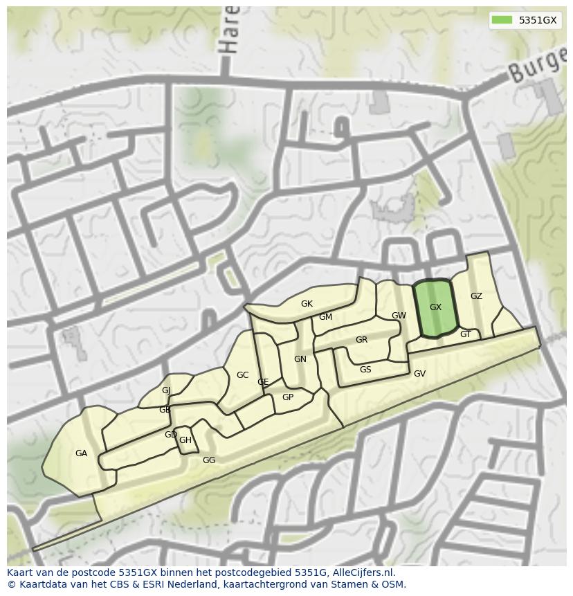 Afbeelding van het postcodegebied 5351 GX op de kaart.