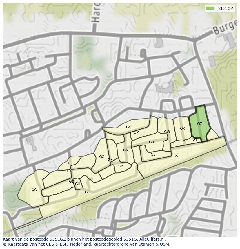 Afbeelding van het postcodegebied 5351 GZ op de kaart.