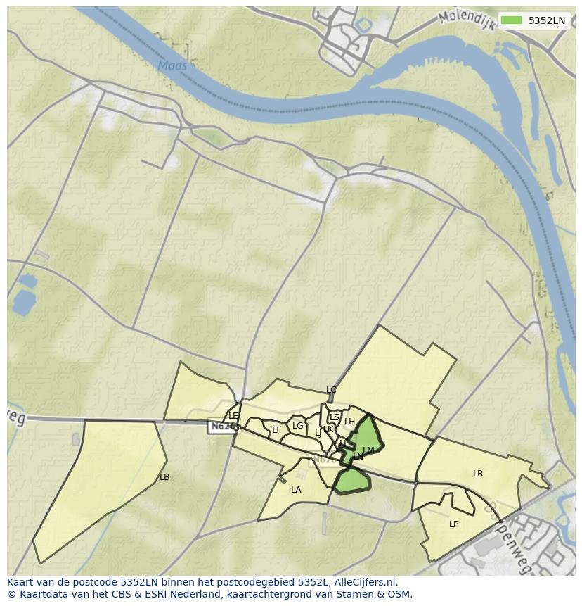 Afbeelding van het postcodegebied 5352 LN op de kaart.