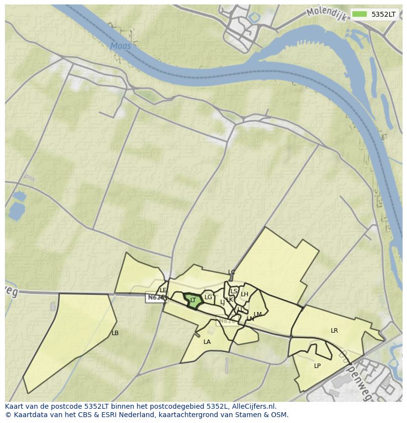 Afbeelding van het postcodegebied 5352 LT op de kaart.