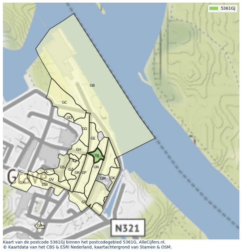 Afbeelding van het postcodegebied 5361 GJ op de kaart.