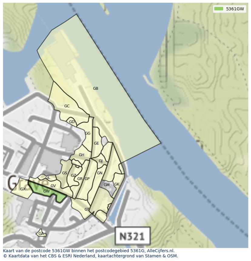 Afbeelding van het postcodegebied 5361 GW op de kaart.