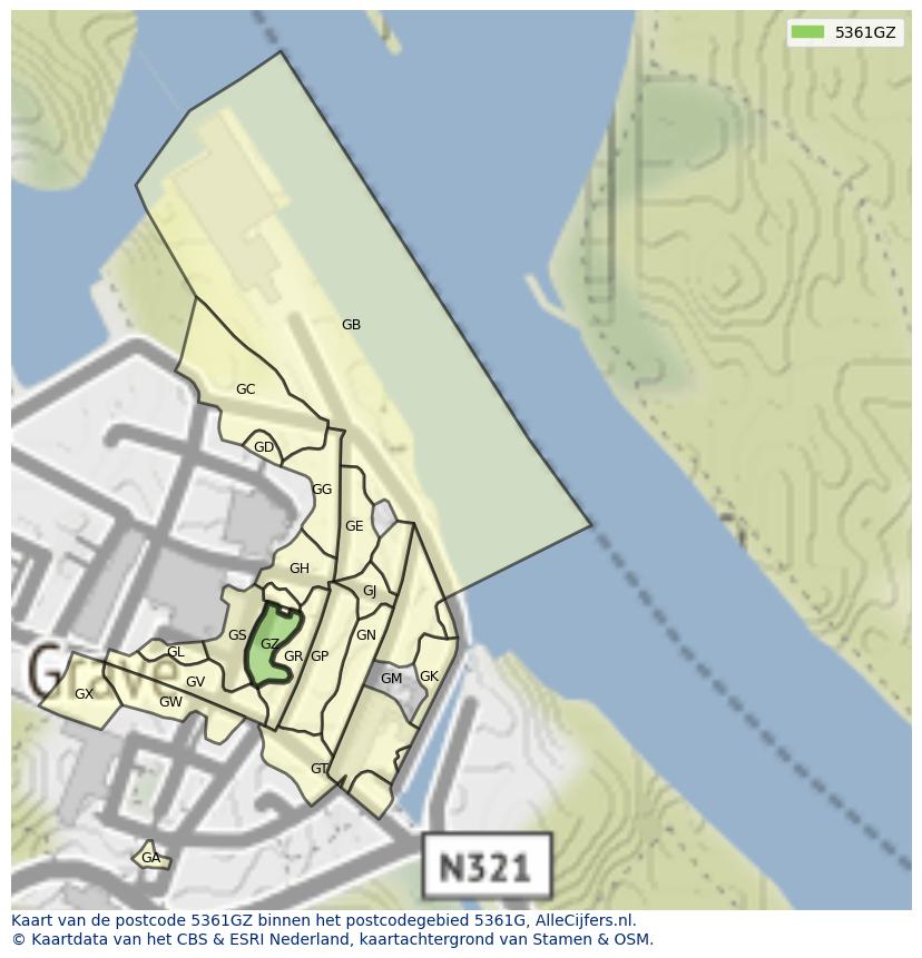 Afbeelding van het postcodegebied 5361 GZ op de kaart.