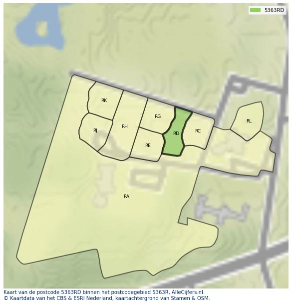 Afbeelding van het postcodegebied 5363 RD op de kaart.