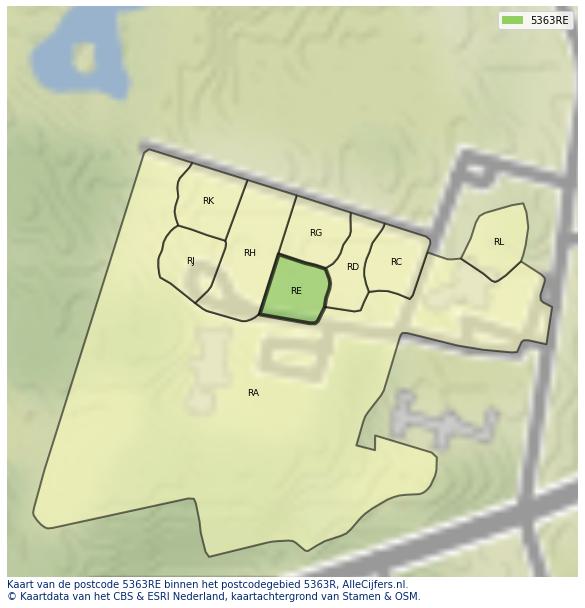 Afbeelding van het postcodegebied 5363 RE op de kaart.