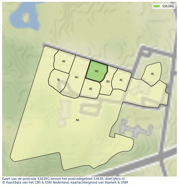 Afbeelding van het postcodegebied 5363 RG op de kaart.