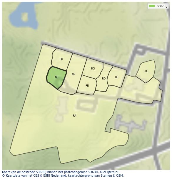 Afbeelding van het postcodegebied 5363 RJ op de kaart.