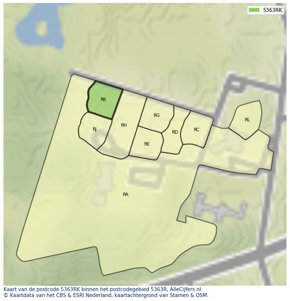 Afbeelding van het postcodegebied 5363 RK op de kaart.