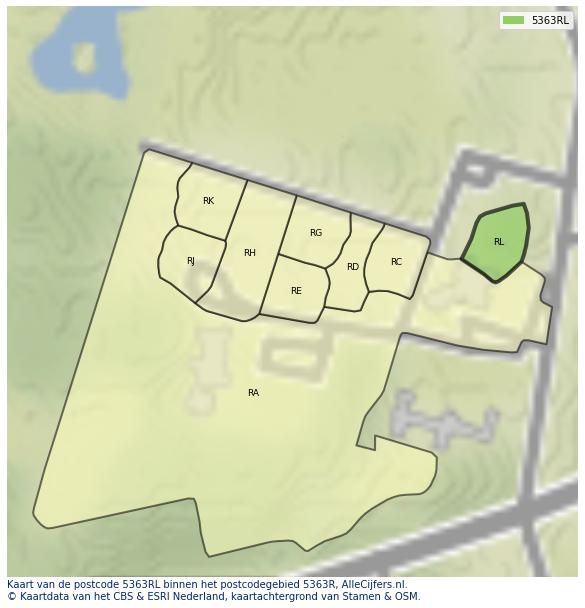 Afbeelding van het postcodegebied 5363 RL op de kaart.