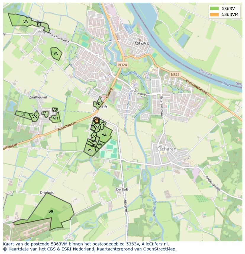 Afbeelding van het postcodegebied 5363 VM op de kaart.