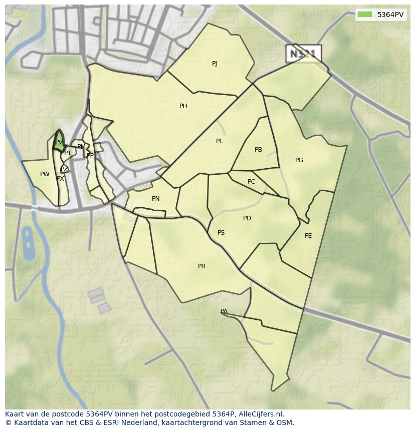 Afbeelding van het postcodegebied 5364 PV op de kaart.