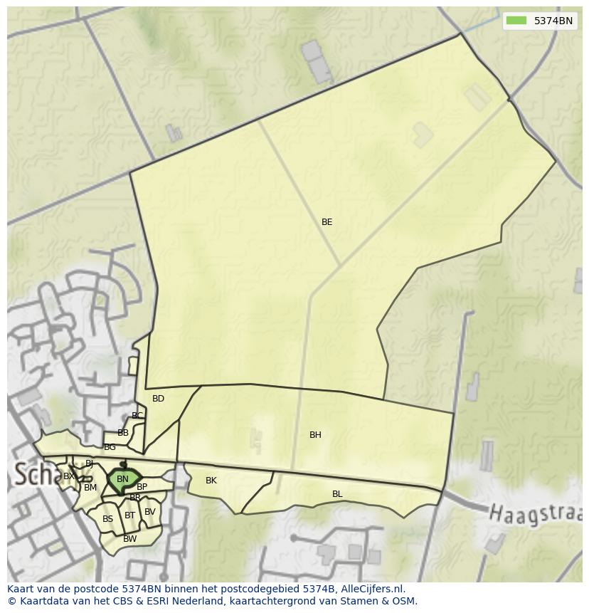 Afbeelding van het postcodegebied 5374 BN op de kaart.