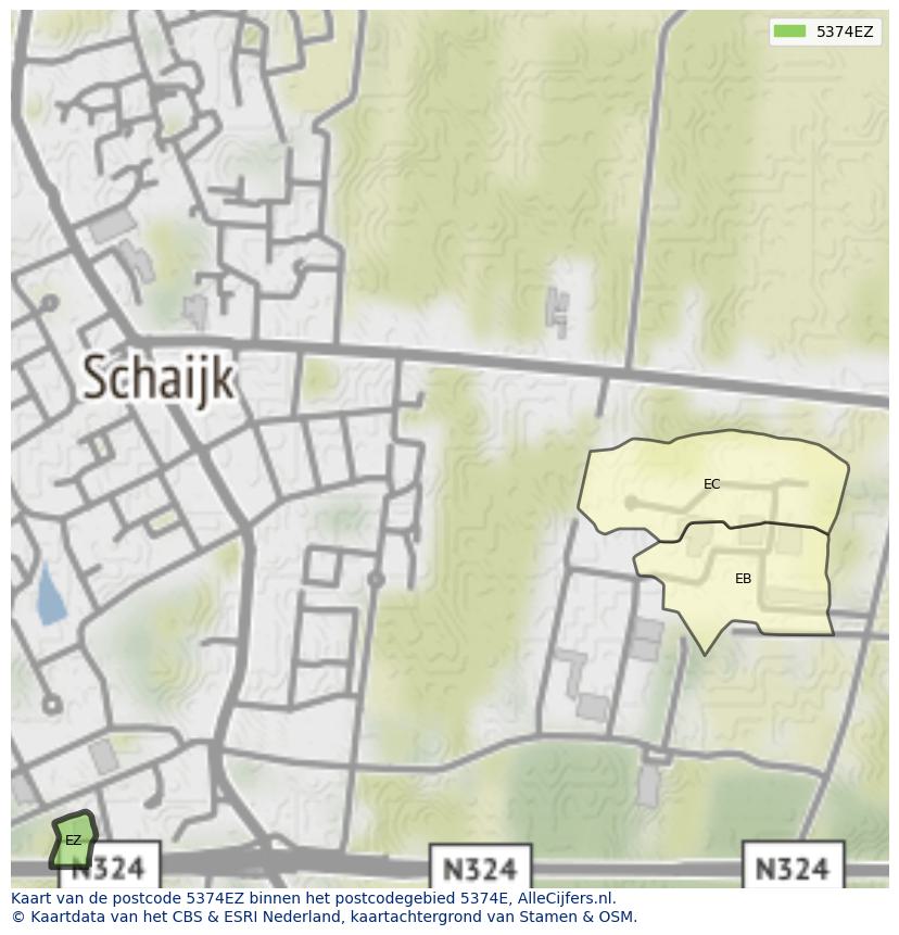 Afbeelding van het postcodegebied 5374 EZ op de kaart.