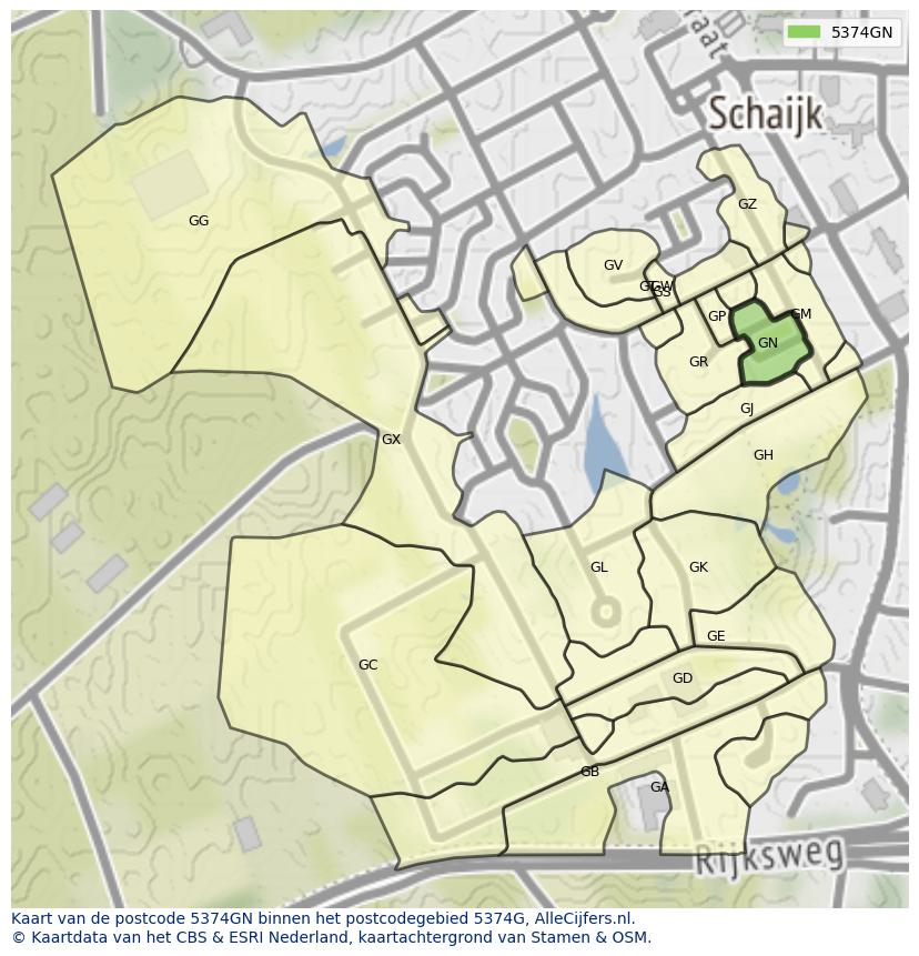 Afbeelding van het postcodegebied 5374 GN op de kaart.