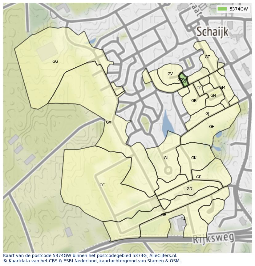 Afbeelding van het postcodegebied 5374 GW op de kaart.