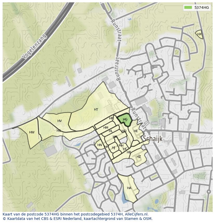Afbeelding van het postcodegebied 5374 HG op de kaart.