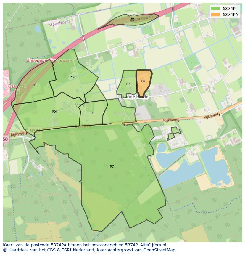 Afbeelding van het postcodegebied 5374 PA op de kaart.
