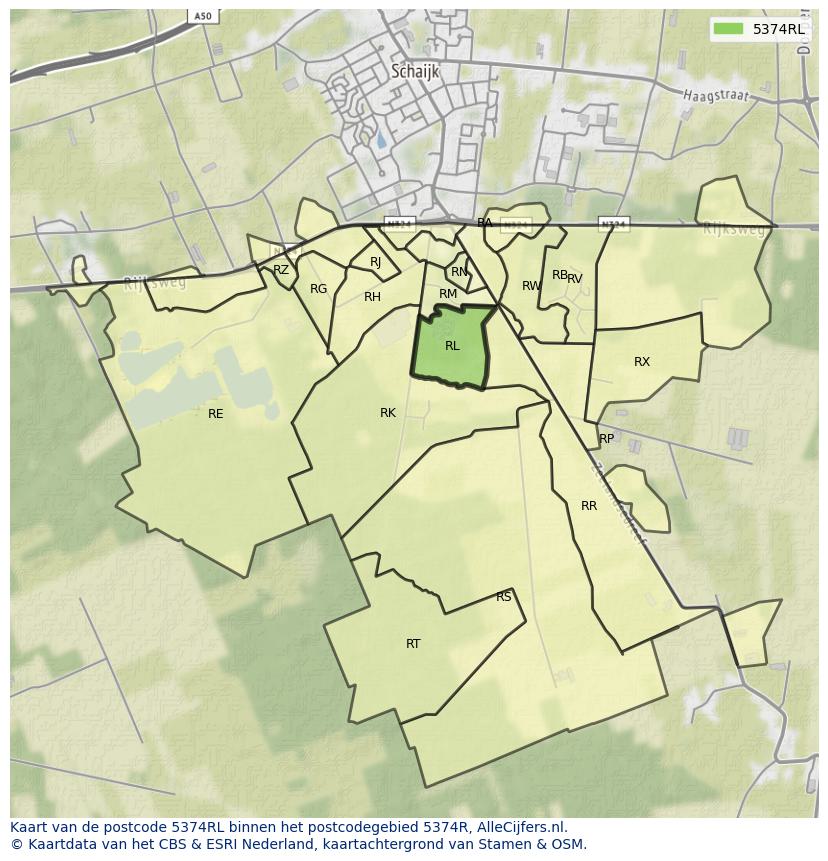 Afbeelding van het postcodegebied 5374 RL op de kaart.